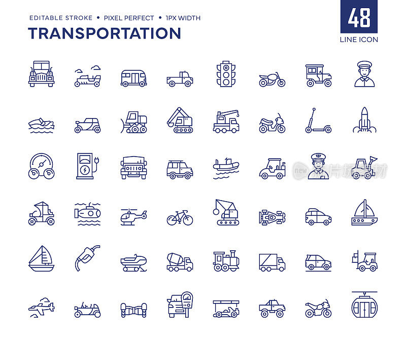 交通线图标集包含卡车，敞篷车，摩托车，火车，直升机，潜艇等图标。