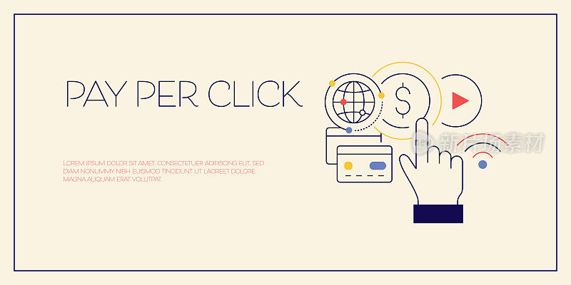 按点击付费相关设计与线图标。互联网，数字营销，连接。