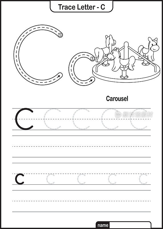 字母跟踪字母A到Z学龄前工作表与字母C旋转木马Pro矢量
