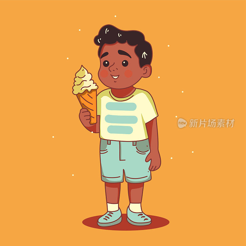 可爱的男孩，手里拿着冰淇淋的非裔美国男孩，脸上带着微笑积极的情绪，手里拿着冰淇淋的孩子，女孩和冰淇淋，夏天，甜蜜，轮廓画，平面矢量，明亮的调色板