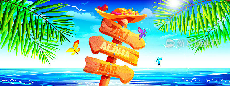 阿罗哈夏威夷热带假日概念卡通风格。古老的木制路标与夏威夷问候在热带阳光明媚的海洋与蝴蝶和棕榈树的背景。