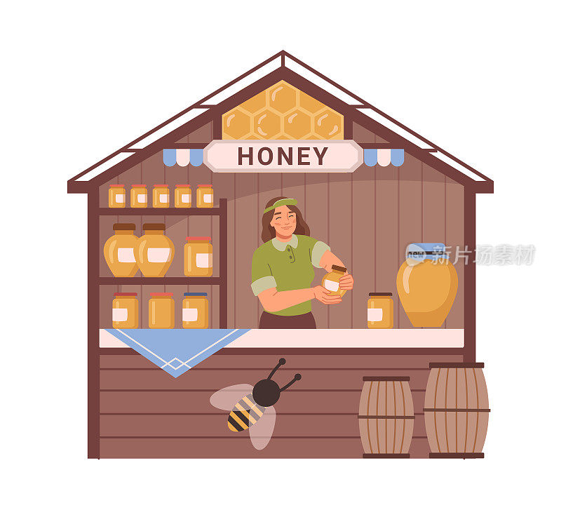 售卖有机和天然蜂蜜产品的街边小贩。孤立的报亭，各种口味，养蜂，卖家和蜜蜂。平面漫画，矢量插图