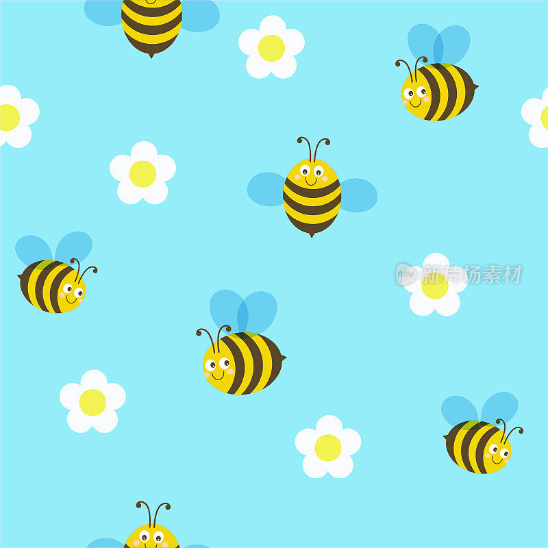 蜜蜂和花朵无缝的图案。平面设计。矢量插图。