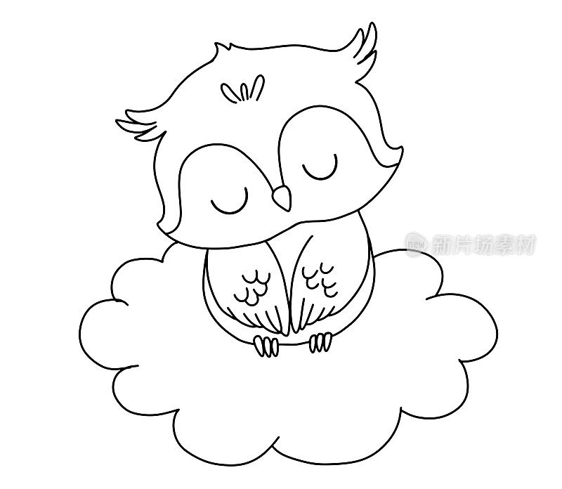 可爱的猫头鹰在云上做梦。卡通手绘矢量轮廓插图着色书。线宝宝动物
