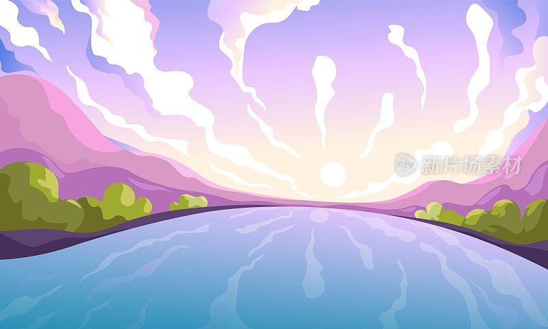 河流景观的黎明。平静的绘画河流或湖泊地平线日出景象，早期阳光天空和山脉，卡通夏季自然透视背景矢量插图