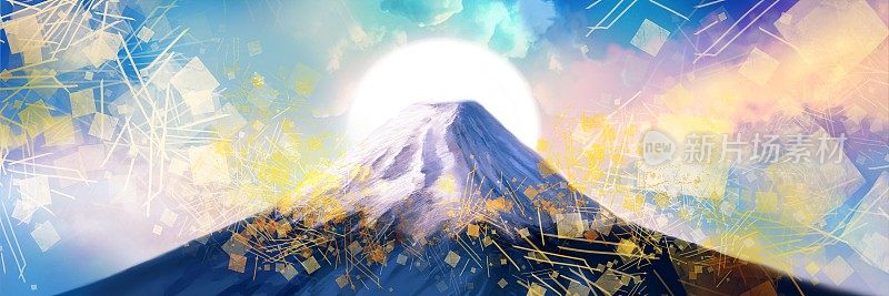 日本画风背景宽尺寸插图与平安画风的金叶云和美丽的富士山与舞动的金叶，金粉和沙点。