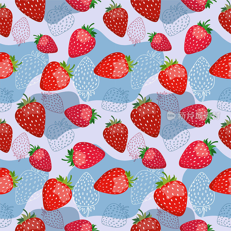 无缝矢量模式与红色草莓在蓝色背景与点在平面风格。