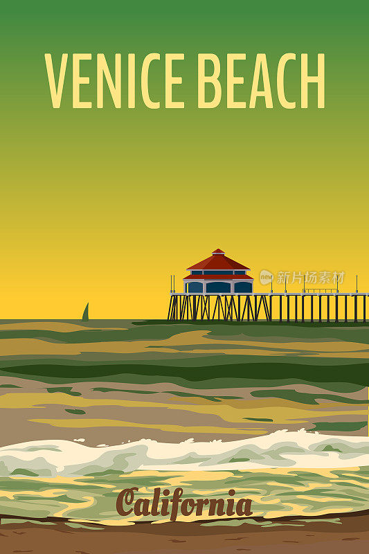 复古的加州威尼斯海滩旅行海报日落