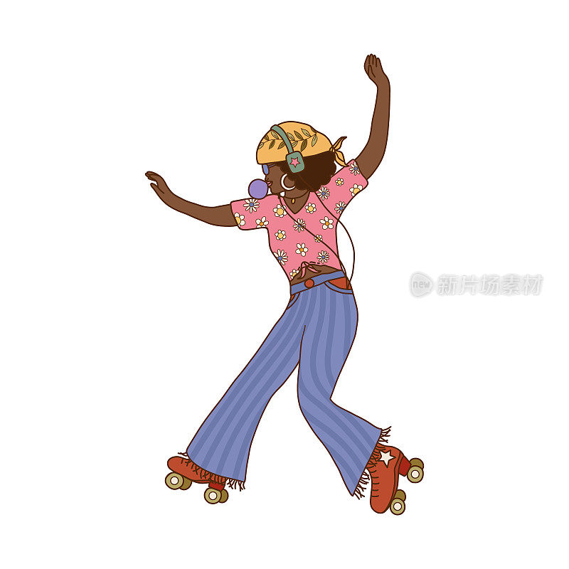 复古时髦的迷幻舞蹈黑人非裔美国女孩听音乐在白色的背景。时尚60年代70年代的女性迷幻矢量插图在卡通手绘风格