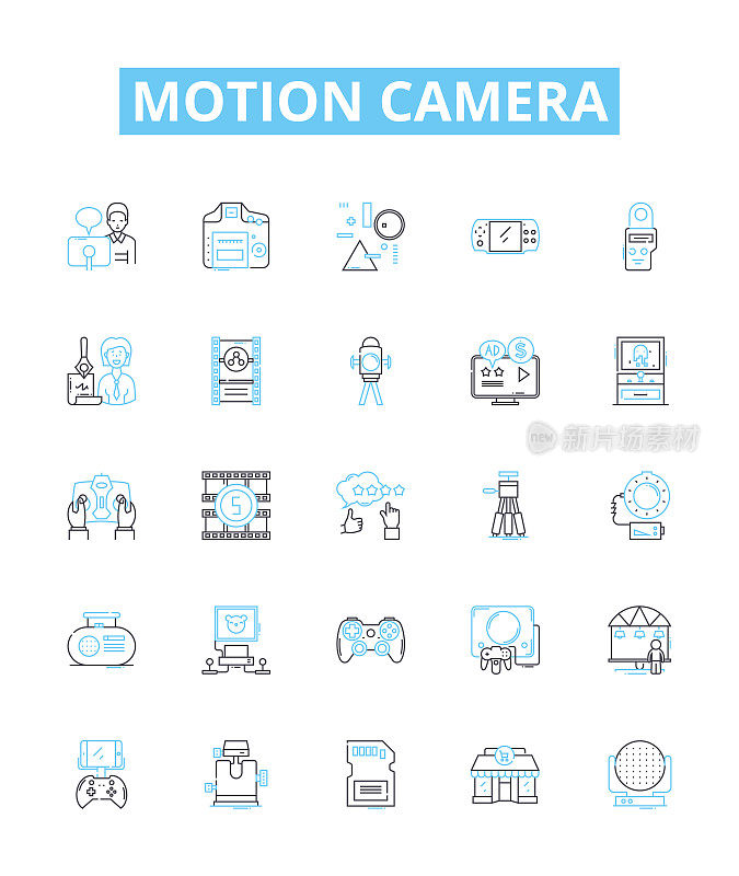 运动相机矢量线图标集。相机，动作，捕捉，拍摄，数字，记录，流插图概述概念符号和标志