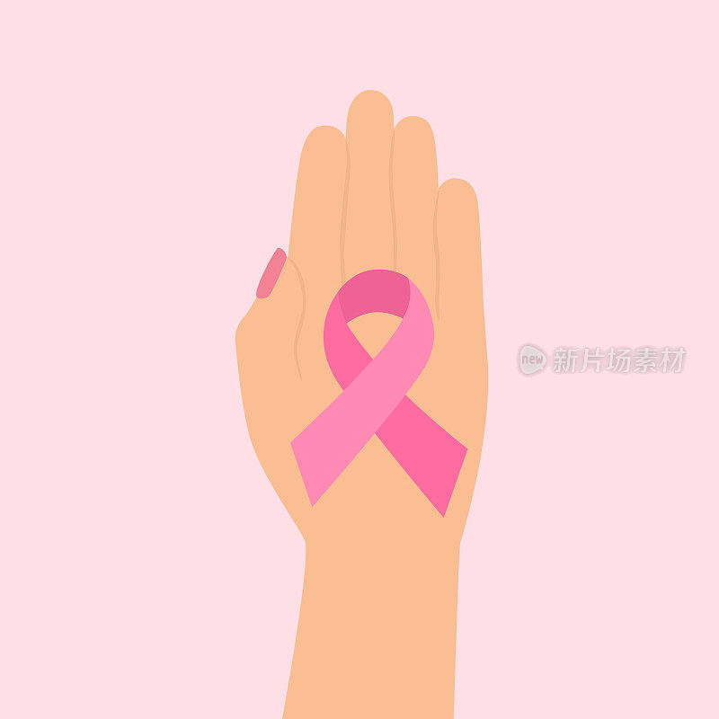 乳腺癌意识概念。高角度的女人手拿粉红丝带