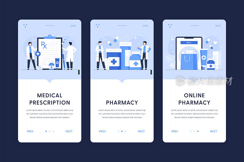 采购产品医疗处方，药房，在线药房插图。移动应用程序的用户登录模板