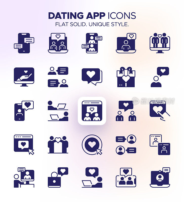 约会应用程序图标集-在线约会，爱情，浪漫，消息，个人资料，聊天，虚拟连接