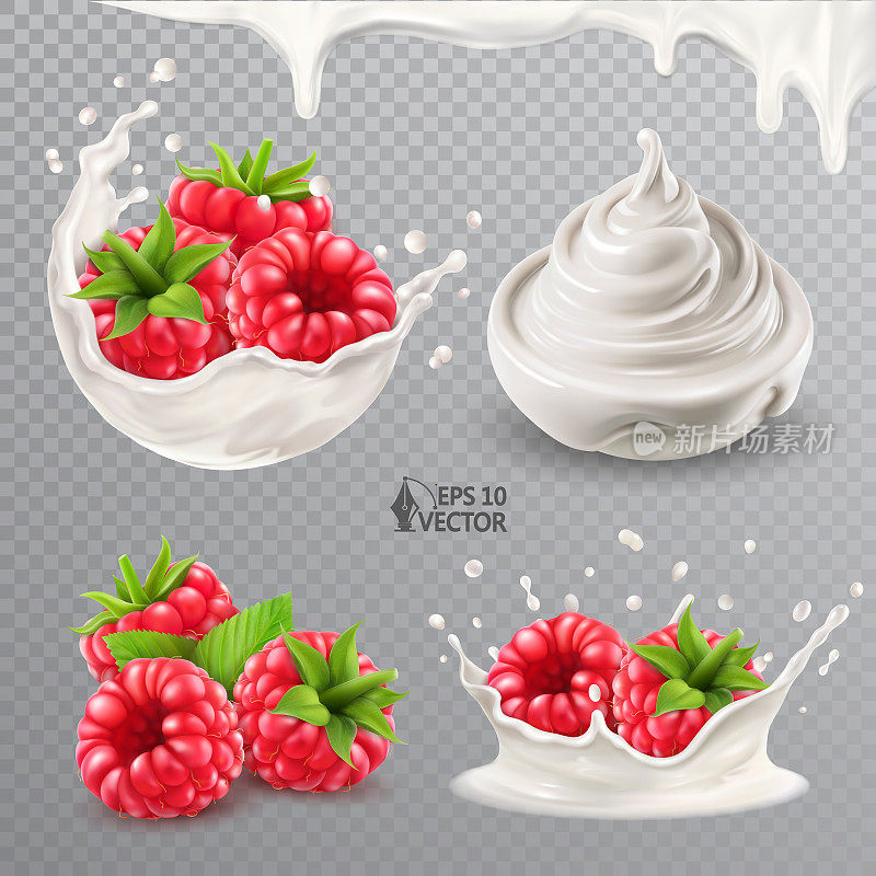 现实矢量成熟树莓在牛奶或酸奶飞溅与滴。一碗新鲜的天然酸奶或奶油。3d孤立的食物插图集
