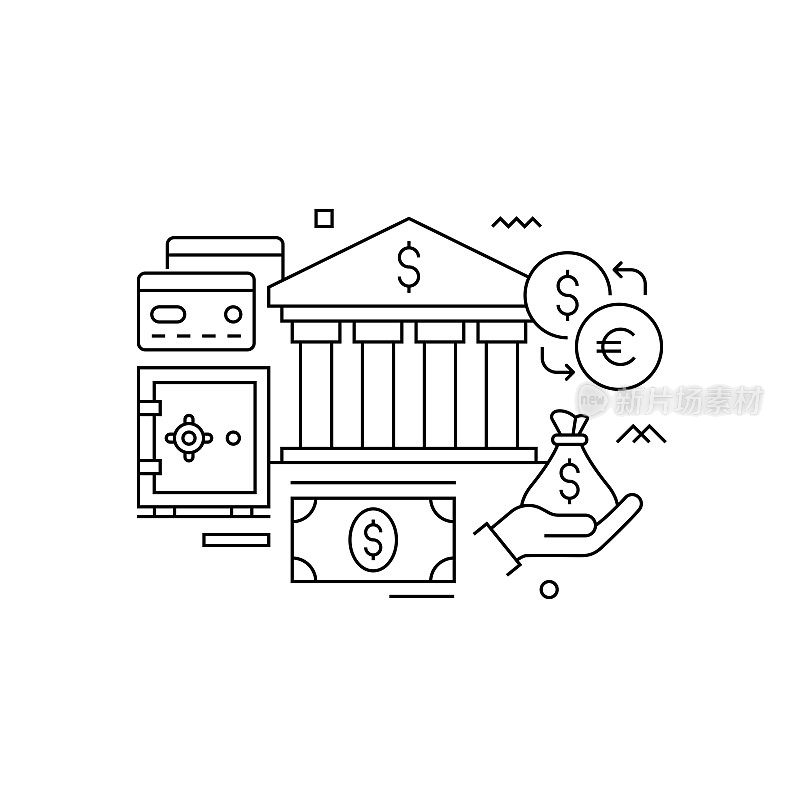 矢量集插图银行概念。线条艺术风格的背景设计，网页，横幅，海报，印刷品等。矢量插图。
