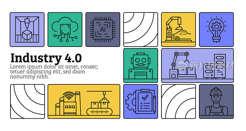 工业4.0线图标集和横幅设计。自动化、大数据、人工智能、机器学习、连接、电力、汽油