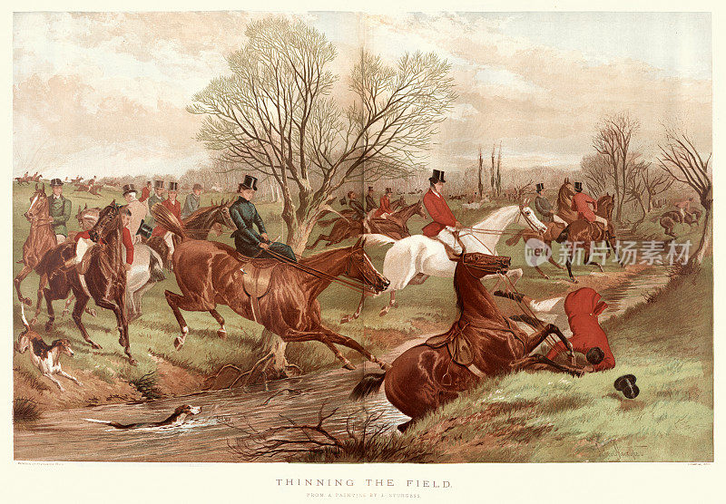 狩猎场景，猎人，马和狗穿过充满水的沟渠，维多利亚时代的血腥运动，19世纪的历史