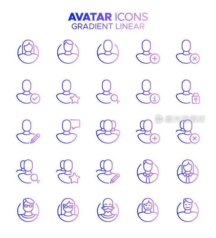 头像-梯度细线矢量图标集-配置文件，用户，社交媒体，通信，客户支持，人类，男人，女人，玩家