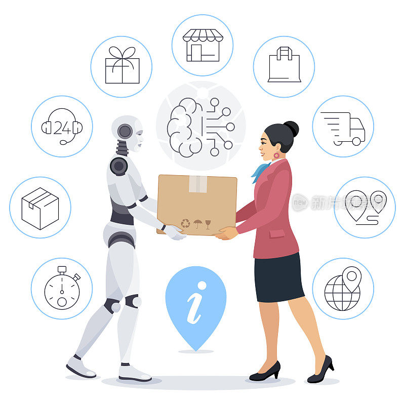 女人在网上和机器人购物。人工智能机器人把一个盒子送到顾客家里。