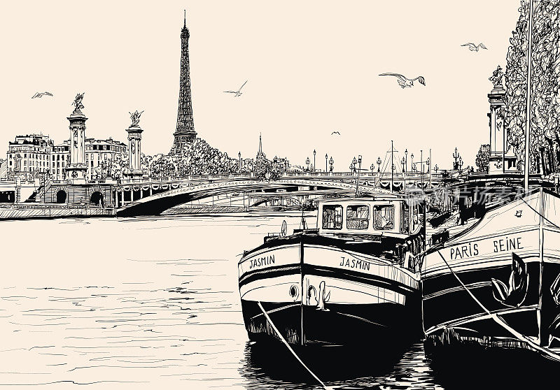 巴黎塞纳河上的驳船和埃菲尔铁塔