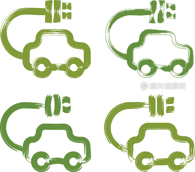 手绘绿色环保汽车图标，电动汽车，