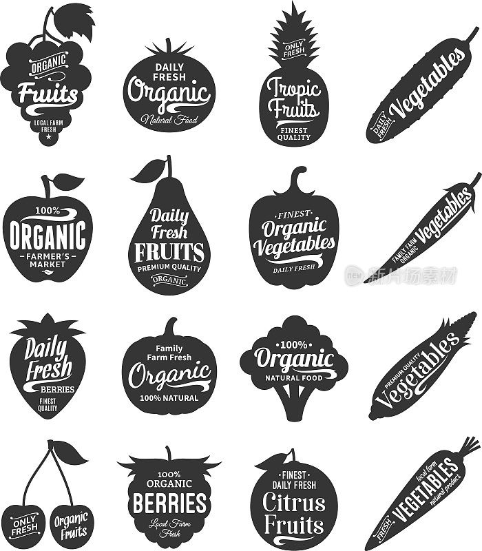 采购产品水果和蔬菜标签，图标和设计元素