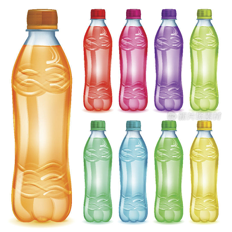 一套塑料瓶子与多种颜色的果汁