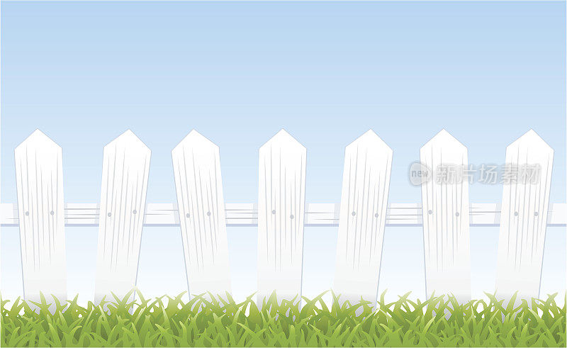 白色尖桩栅栏，草地和天空(无缝瓷砖)