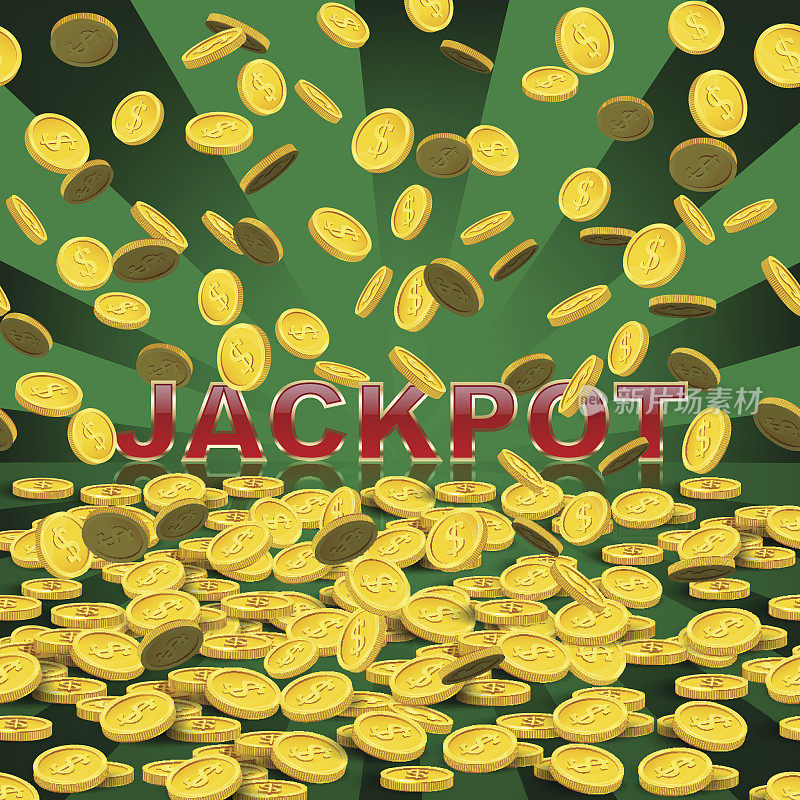 向量赌场背景。掉落的硬币在绿色背景与头奖词。