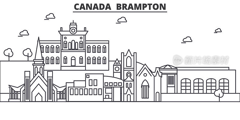 加拿大，布兰普顿建筑线天际线插图。线性向量的城市景观与著名的地标，城市景观，设计图标。风景与可编辑的笔触