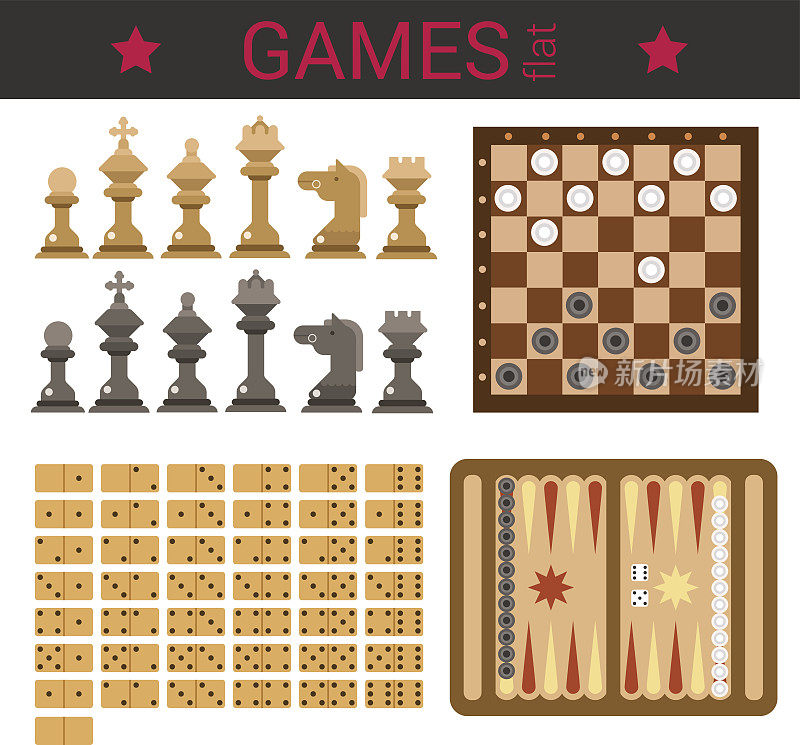 平面设计矢量板游戏模板矢量图标集。象棋，跳棋，多米诺骨牌，双陆棋。平游戏集合。