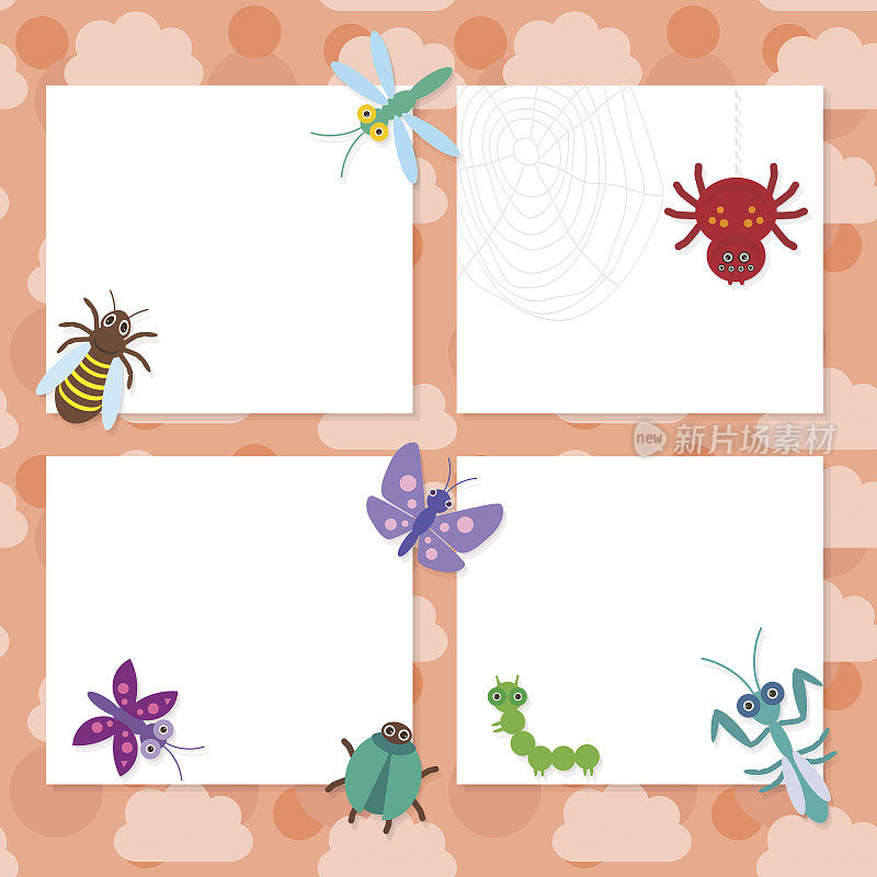 蜘蛛，蝴蝶，毛虫，蜻蜓，螳螂，甲虫，黄蜂，瓢虫卡片设计
