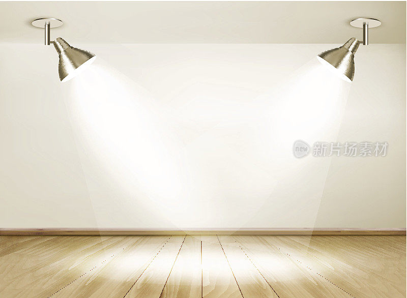 展厅采用木地板和两盏灯。向量。