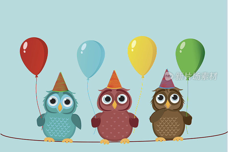 三只可爱的彩色猫头鹰坐在绳子上，拿着气球。情人节和生日。向量。邀请去度假。贺卡与空白的标签或广告。