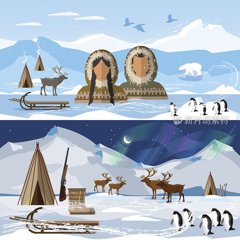 狂野的北极旗帜，穿着传统爱斯基摩人服装的人们和北极动物。生活在遥远的北方。驯鹿，极昼极夜。阿拉斯加极限之旅