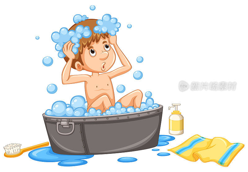 男孩在浴缸里洗泡泡浴