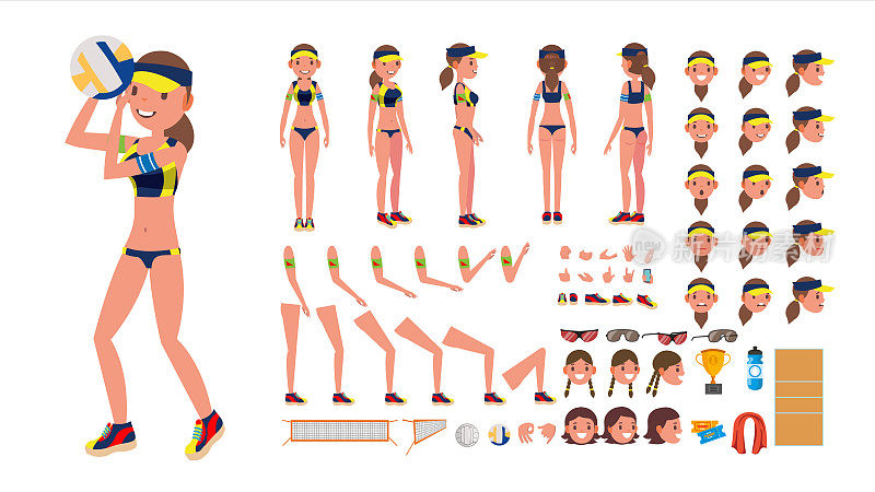 排球运动员向量。女子沙滩排球运动。动画角色创建集。采购产品全长，前，后视图，配件，姿势，面部情绪，手势。独立平面卡通插图