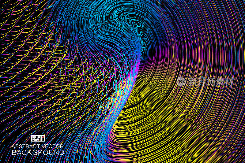 色彩斑斓的曲线构成发光的螺旋抽象纹理图案背景