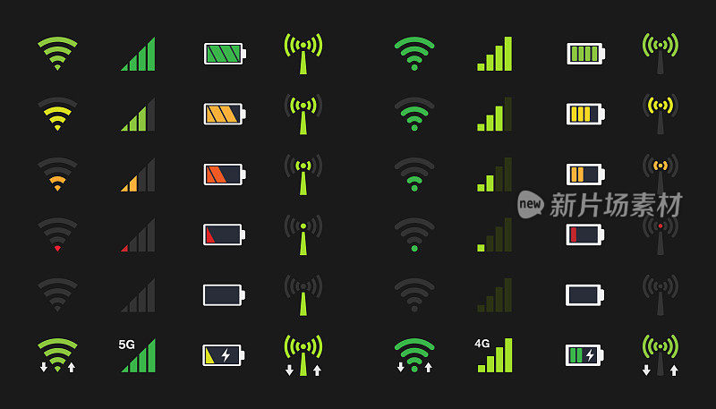 Wi-fi信号图标，电池电量充电，移动信号电平图标