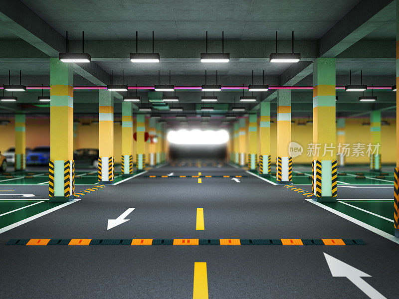空现代地下停车场3d渲染