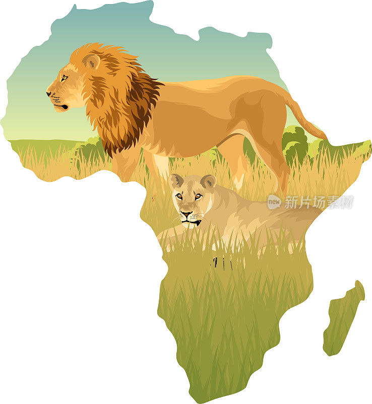 非洲大草原与狮子和狮子-矢量插图