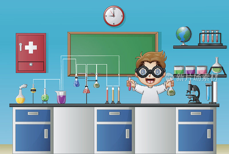 卡通男孩在实验室里做化学实验