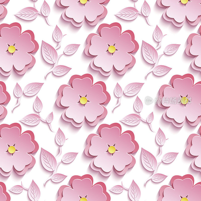 无缝图案与粉红色3d樱花剪纸