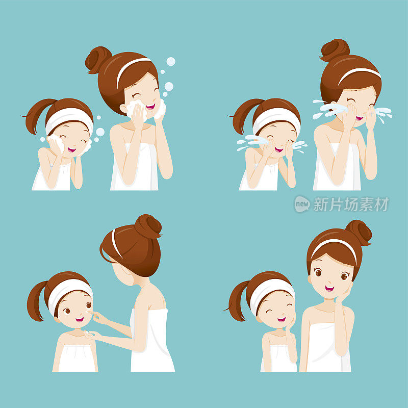 一套母亲和女儿清洁和护理她的脸