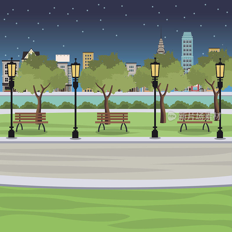 公共公园长凳柱灯河城夜景