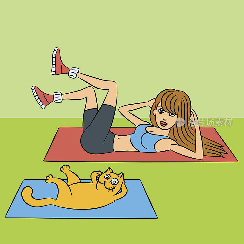 卡通健美操女孩和猫躺着练绿。矢量图