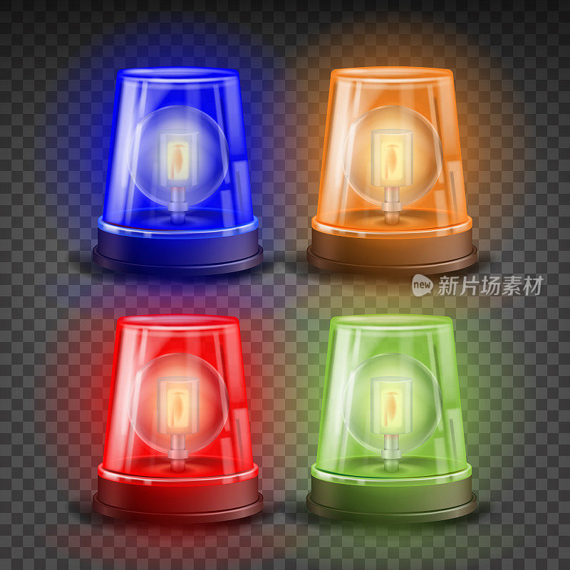 现实闪光警报器集向量。红色，橙色，绿色，蓝色。3D现实对象。光的效果。旋转灯塔。紧急闪光警报。孤立的透明背景插图