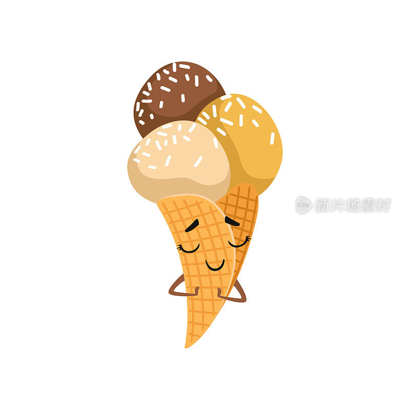 可爱的卡通冰淇淋华夫蛋筒。美味的食物。甜美的冷冻甜点，可爱的脸和小手。平面向量