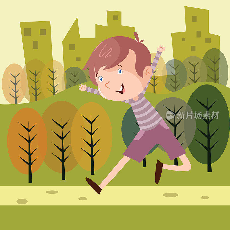 可爱的小男孩在绿色的城市公园里蹦蹦跳跳，看起来很开心，很卡通人物