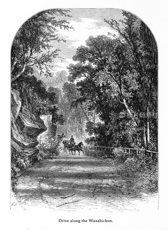 沿着美国宾夕法尼亚州费城的威萨希肯开车，美国维多利亚版画，1872年